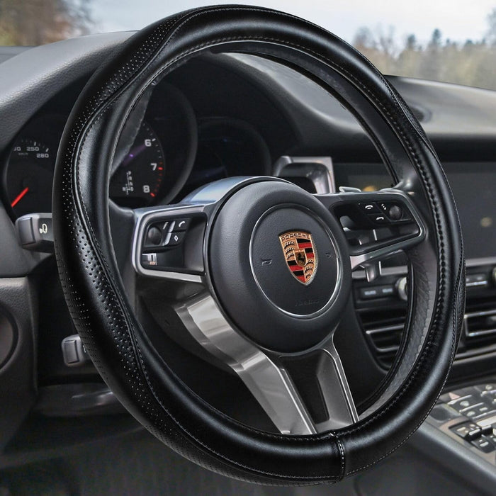 Leather Steering Wheel Cover Universal 15 Inch – Premium Anti-Slip Car Steering Wheel Cover for Cars, SUVs & Trucks – Soft Genuine Leather, Black with Red Stitching