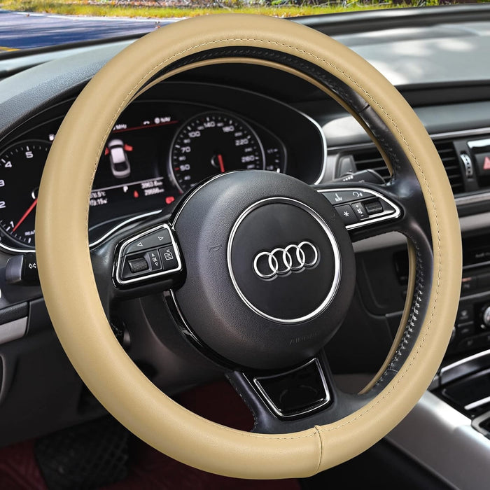 Heavy Duty Pure Cowhide Steering Wheel Cover, Black Genuine Leather Steering Wheel Cover Men Women Universal 14.5 to 15 Inch