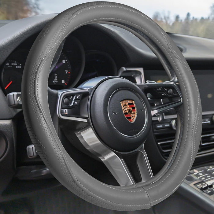 Leather Steering Wheel Cover Universal 15 Inch – Premium Anti-Slip Car Steering Wheel Cover for Cars, SUVs & Trucks – Soft Genuine Leather, Black with Red Stitching
