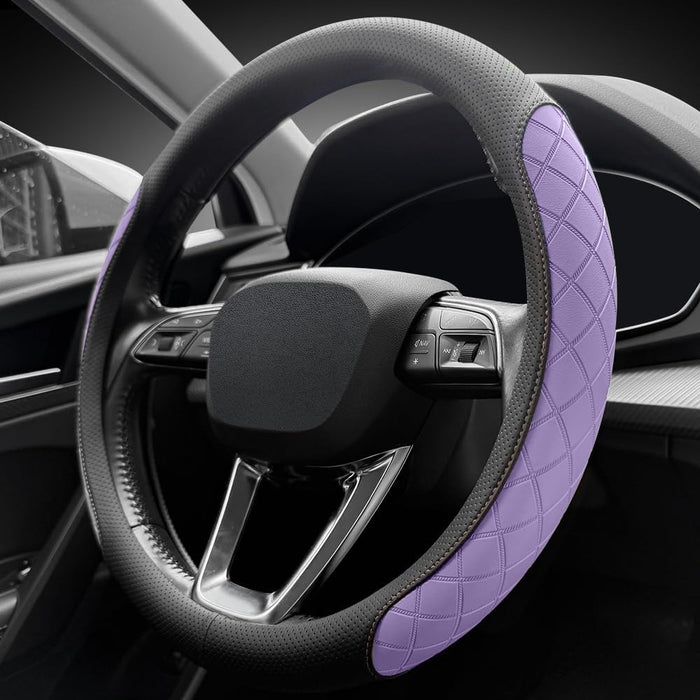 Nappa Leather Steering Wheel Cover, Elegant Diamond Checkered Design, Non-Slip Wear-Resistant, Enhance Driving Comfort,