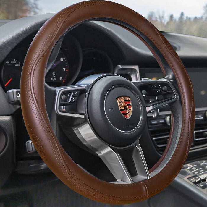 Leather Steering Wheel Cover Universal 15 Inch – Premium Anti-Slip Car Steering Wheel Cover for Cars, SUVs & Trucks – Soft Genuine Leather, Black with Red Stitching