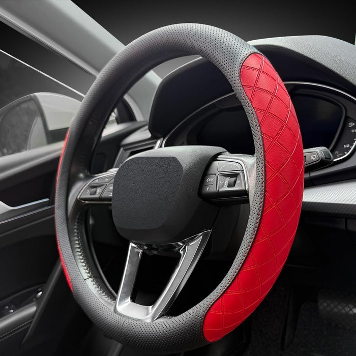Nappa Leather Steering Wheel Cover, Elegant Diamond Checkered Design, Non-Slip Wear-Resistant, Enhance Driving Comfort,