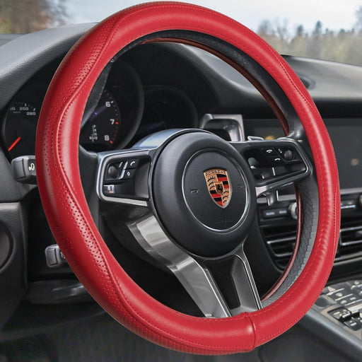 Leather Steering Wheel Cover Universal 15 Inch – Premium Anti-Slip Car Steering Wheel Cover for Cars, SUVs & Trucks – Soft Genuine Leather, Black with Red Stitching