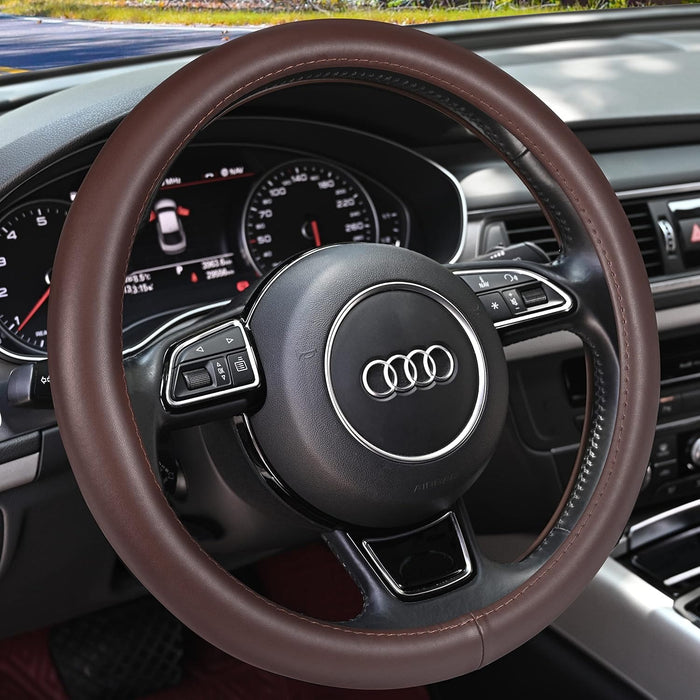 Heavy Duty Pure Cowhide Steering Wheel Cover, Black Genuine Leather Steering Wheel Cover Men Women Universal 14.5 to 15 Inch