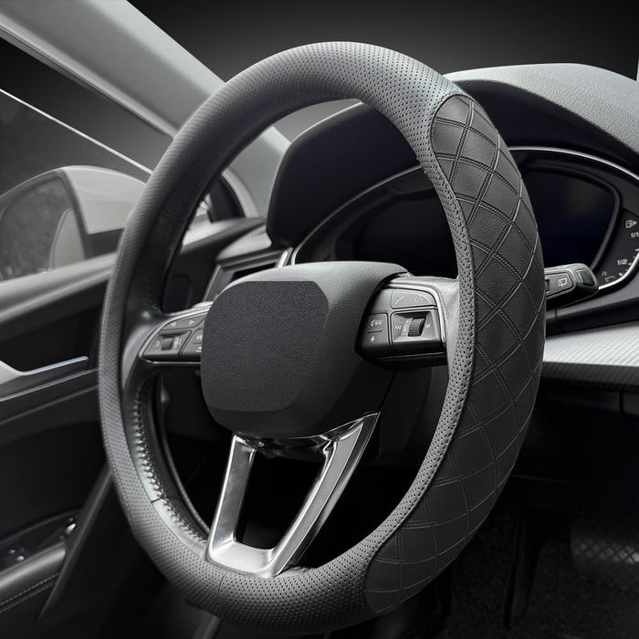 Nappa Leather Steering Wheel Cover, Elegant Diamond Checkered Design, Non-Slip Wear-Resistant, Enhance Driving Comfort,