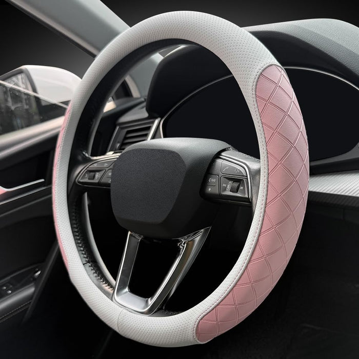 Nappa Leather Steering Wheel Cover, Elegant Diamond Checkered Design, Non-Slip Wear-Resistant, Enhance Driving Comfort,