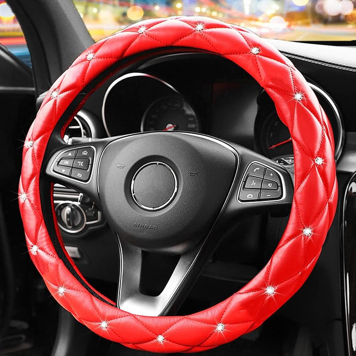Luxury Red Rhinestone Steering Wheel Cover – Soft Leather, Anti-Slip Grip, Universal 15 Inch Fit for Cars, SUVs, Vans & Trucks