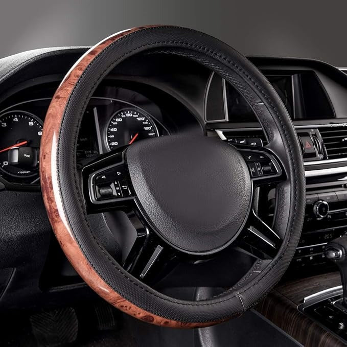 Universal Black Microfiber Leather Steering Wheel Cover – Wood Grain Trim, Anti-Slip Grip, Fits 14.5-15 Inch Steering Wheels for Cars, SUVs, Trucks & Vans