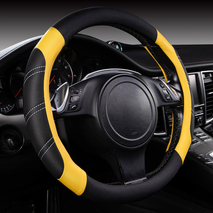 Premium Universal Sport Steering Wheel Cover 14.5-15 Inch – Soft Microfiber Leather, Anti-Slip Grip, Comfortable Fit for Most Cars, SUVs & Trucks – Black & Yellow